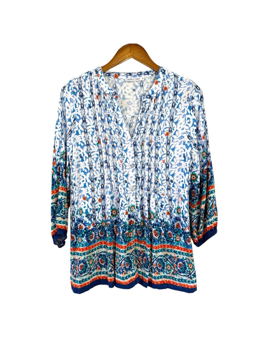 Figueroa & Flower Blue Orange Floral Pintuck Blouse M Rayon Tunic Boho Peasant